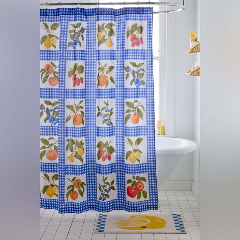 ISO Gingham Fruit Patterned Shower Curtain in Cobalt - Urban Outfitters